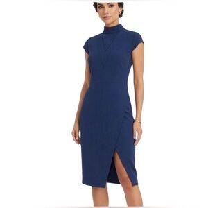 Cotelac Cap-Sleeve Mock Neck Midi Dress in Blue
